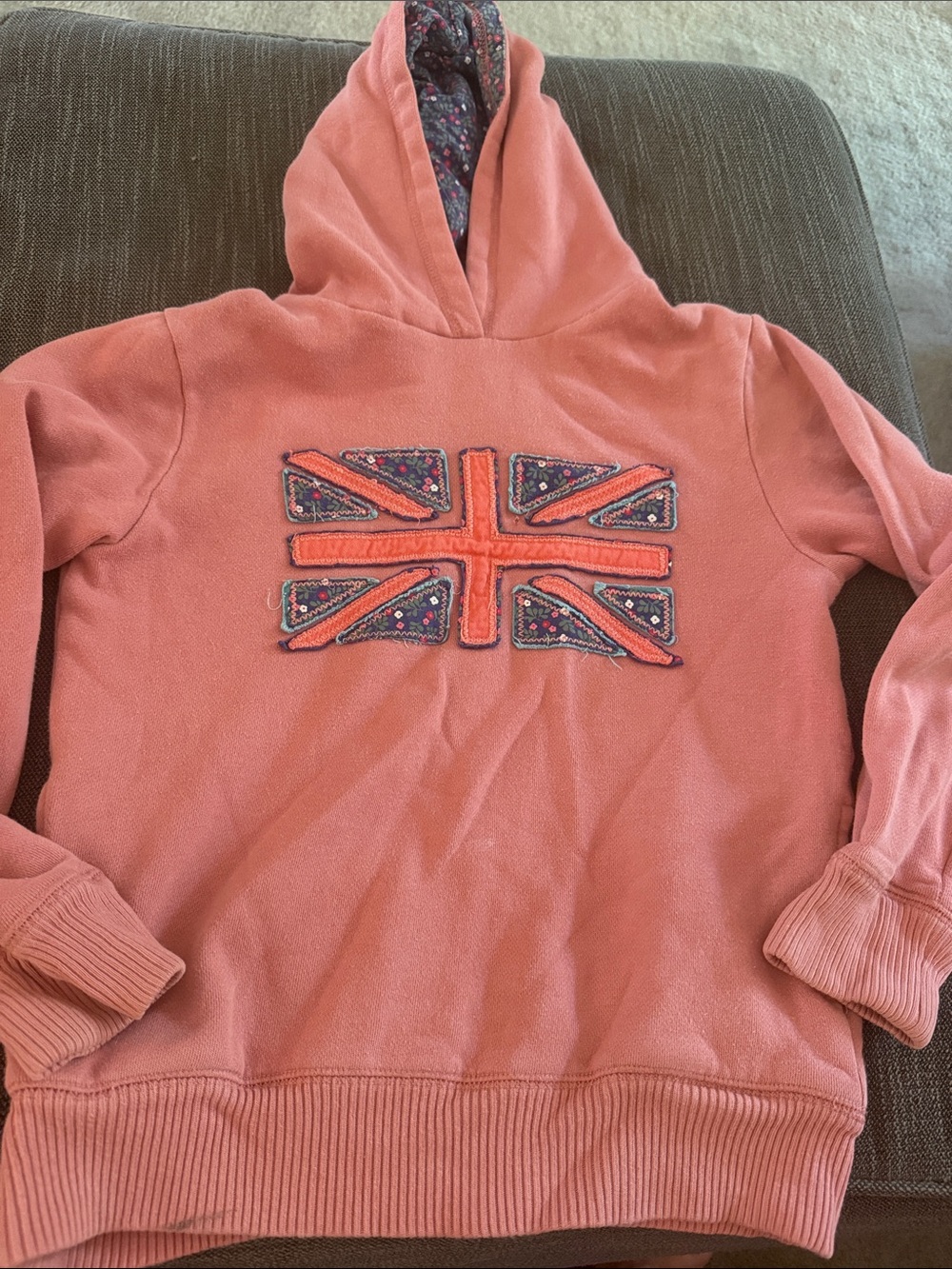 Mini Boden Coral Hooded Sweatshirt with Distressed Embroidered Flag